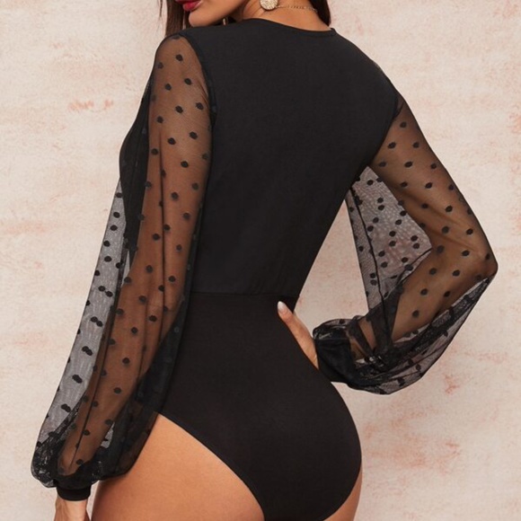 Black Surplice Polka Dot Sheer long Sleeve Bodysuit Sexy - Picture 3 of 4
